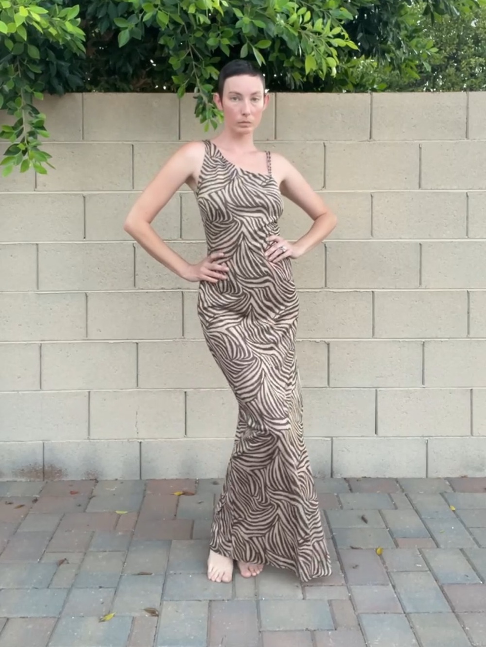 Vintage One-Shoulder Zebra Print Maxi Dress in Brown